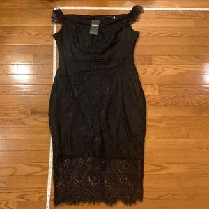 Off the shoulder thin strap sleeves black lace cocktail dress